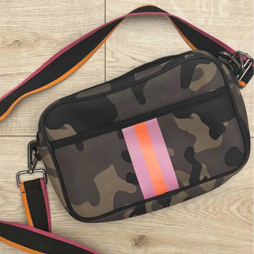 Camo Neoprene Crossbody Bag with Pink and Orange Strap